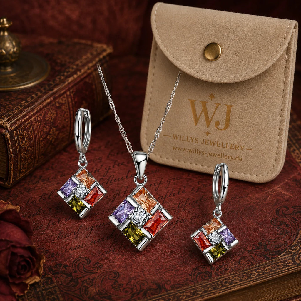 Schmuck-Geschenkset aus Sterlingsilber mit Kristallmosaik-Halskette und Ohrringen