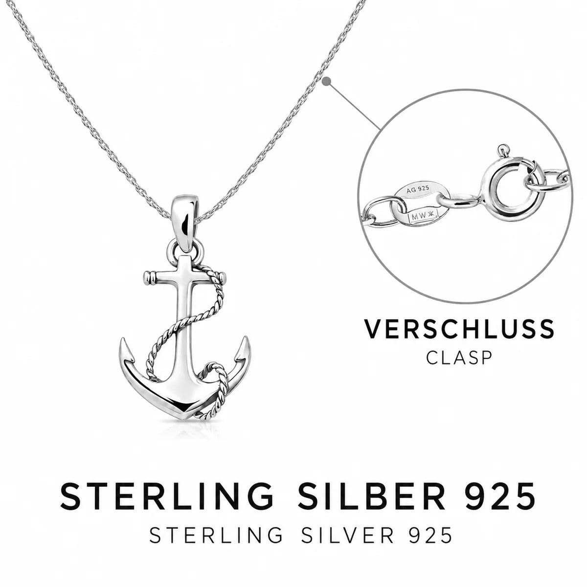 Anker Halskette Damen 925 Sterling Silber – Maritimer Anhänger mit Kette 45–55 cm