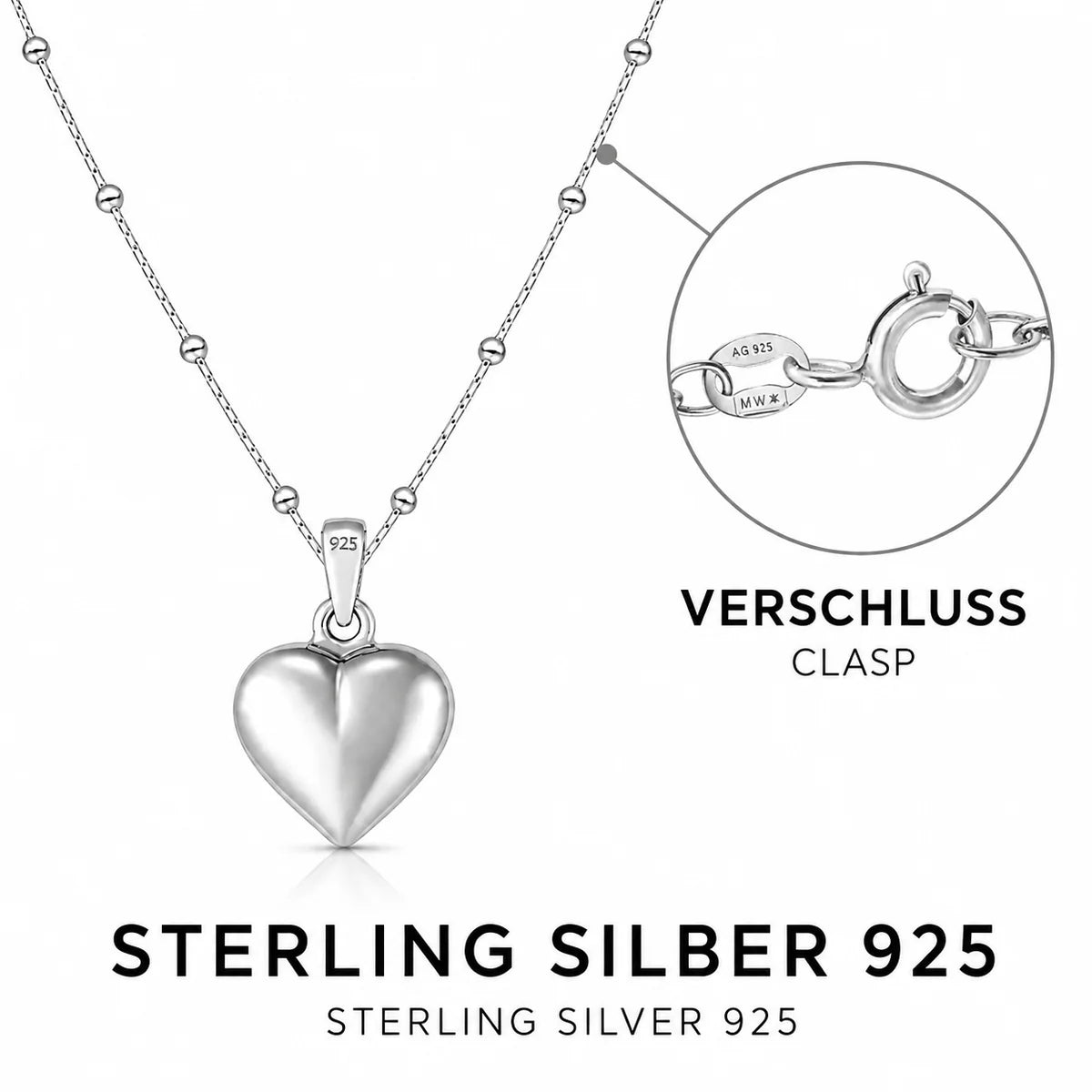 Herz Halskette Damen aus 925 Sterling Silber – glänzender Herzanhänger mit Kugelkette