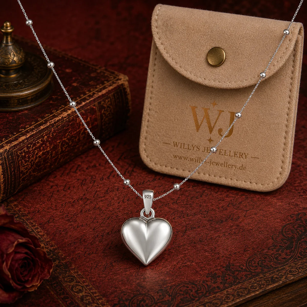 Herz Halskette Damen aus 925 Sterling Silber – glänzender Herzanhänger mit Kugelkette