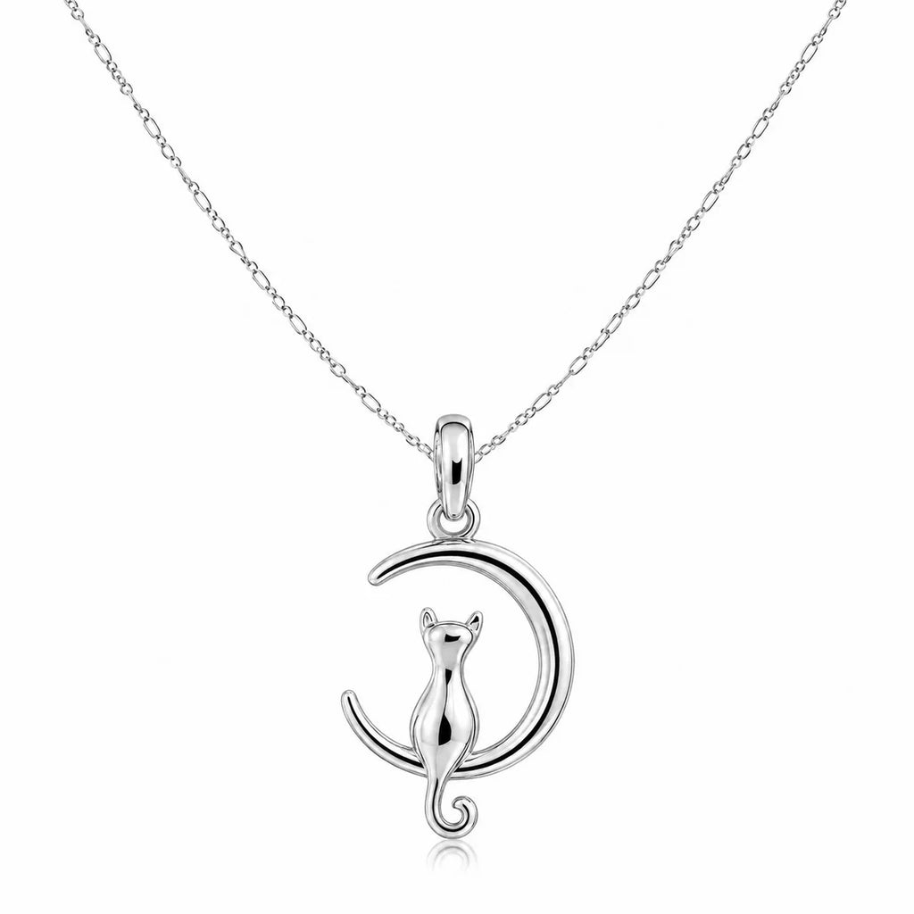 Katzen Halskette aus 925 Sterling Silber mit Mond Anhänger für Damen als Geschenk