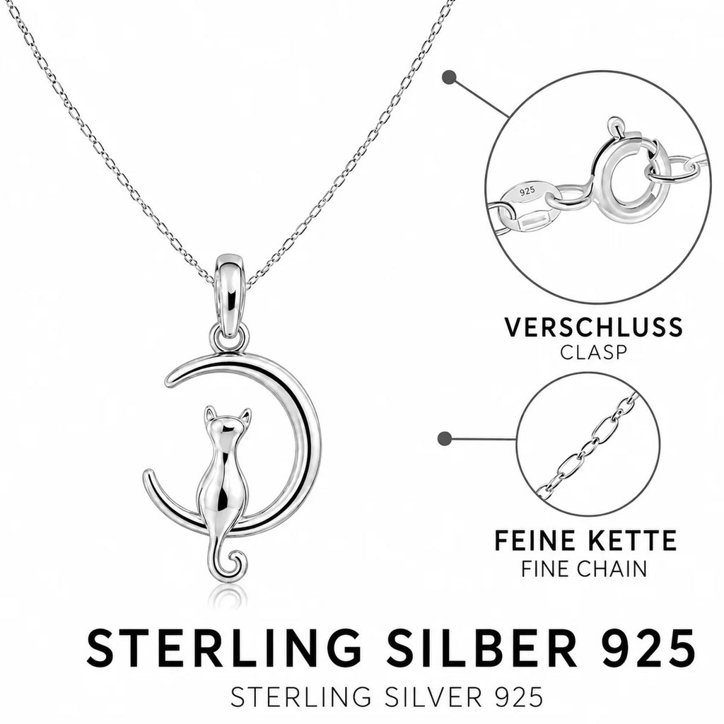 Katzen Halskette aus 925 Sterling Silber mit Mond Anhänger für Damen als Geschenk