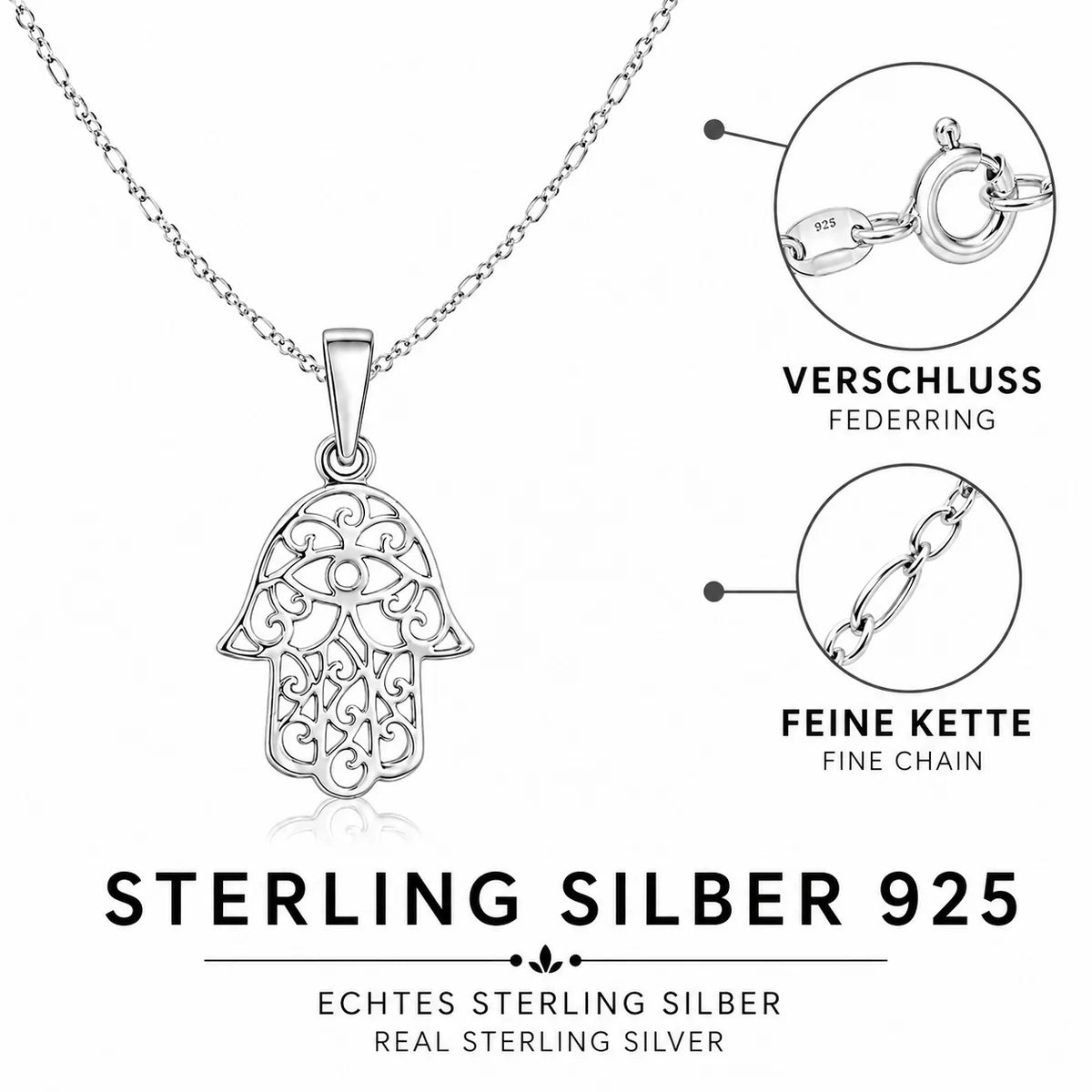 Hamsa Hand Halskette aus 925 Sterling Silber – Fatimas Hand Anhänger für Damen