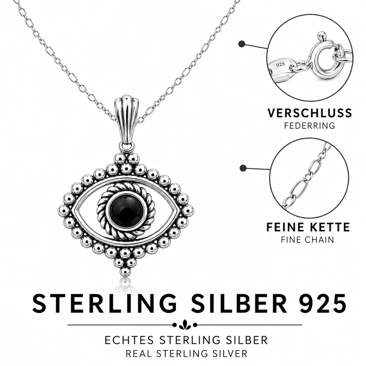 Böser Blick Halskette 925 Sterling Silber – Evil Eye Anhänger mit schwarzem Stein für Damen