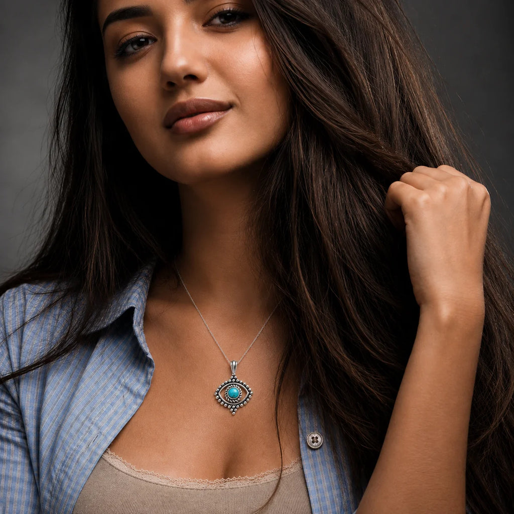 Auge Halskette aus 925 Sterling Silber mit türkisfarbenem Stein für Damen Boho Schmuck
