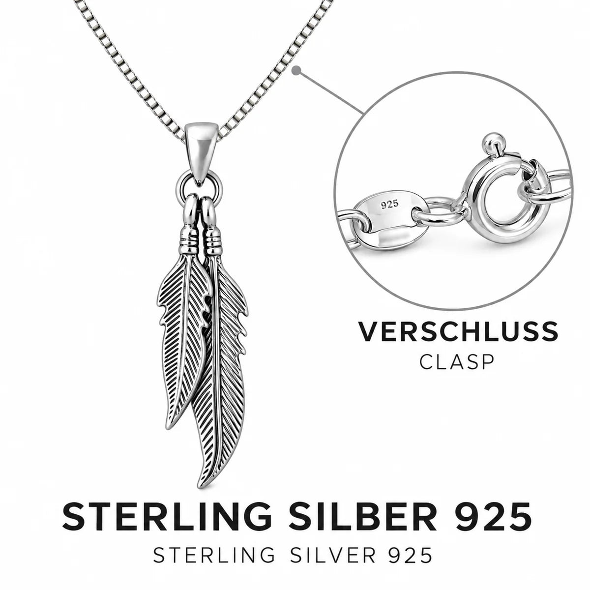 Silber 925 Feder Anhänger mit Kette 45 cm – Doppelfeder Halskette