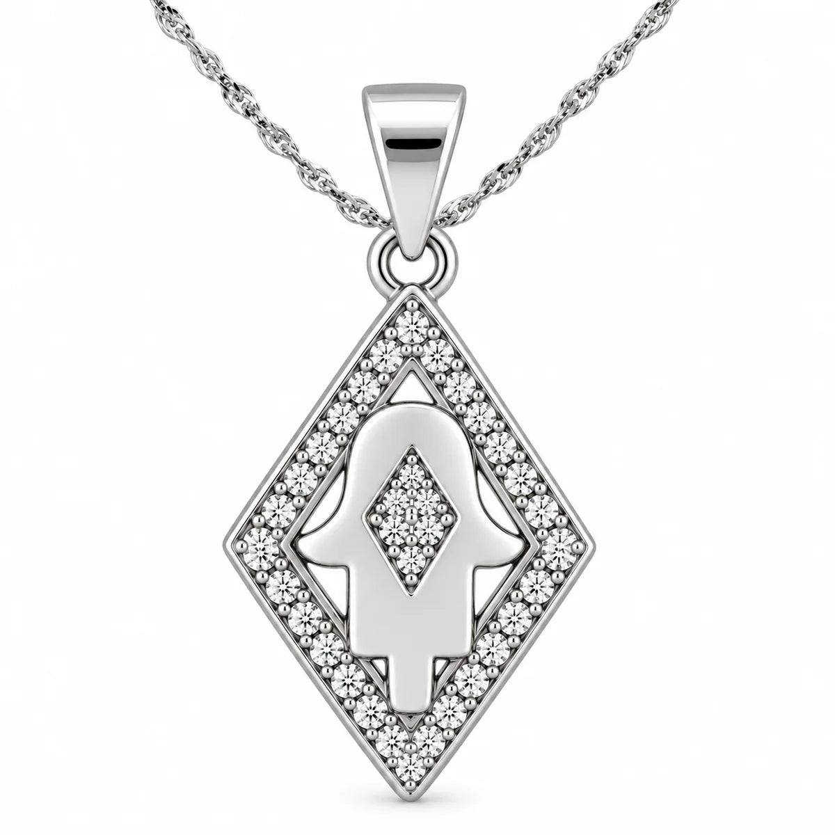 Silber 925 Halskette 45 cm mit Hamsa Hand Anhänger Raute und Steinen