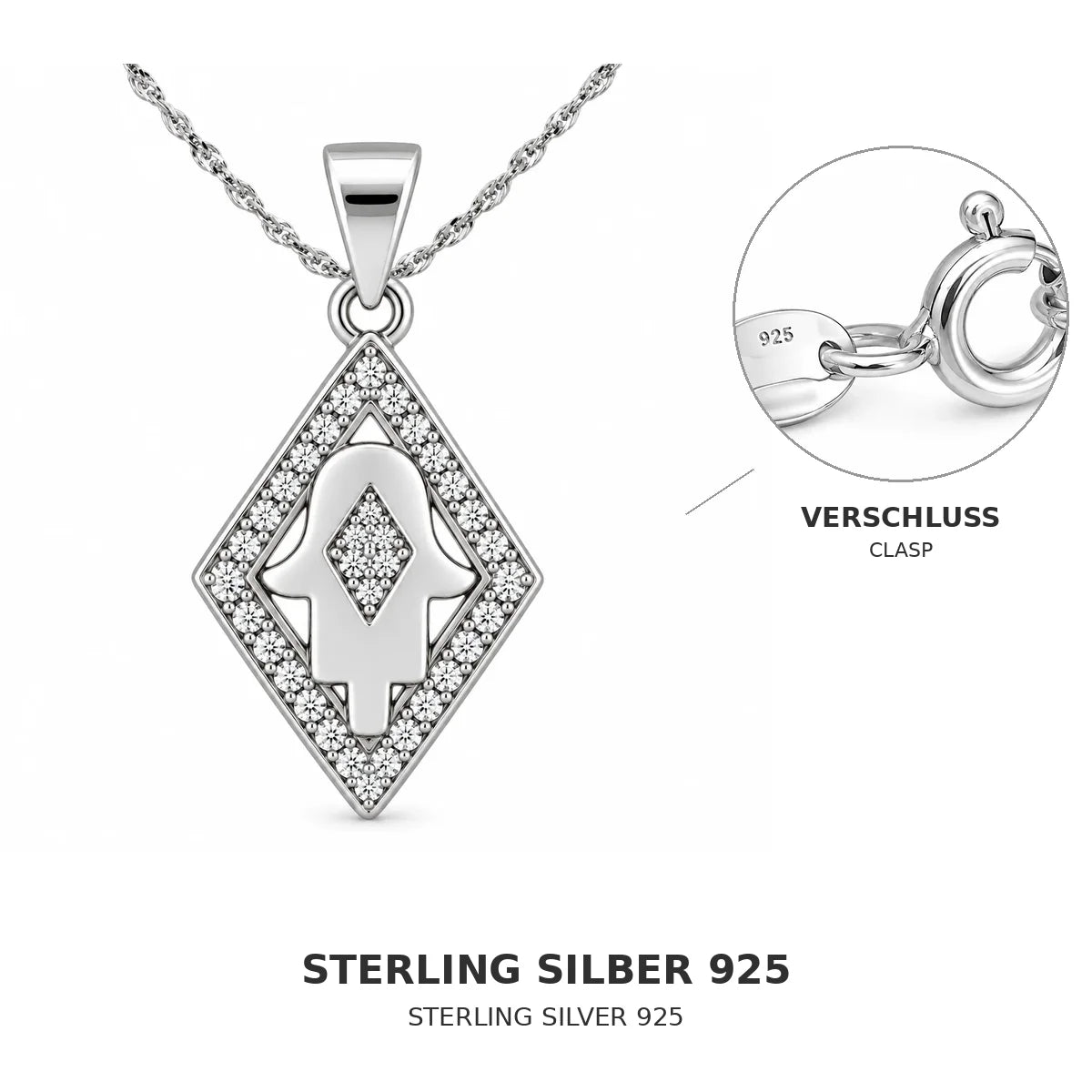 Silber 925 Halskette 45 cm mit Hamsa Hand Anhänger Raute und Steinen