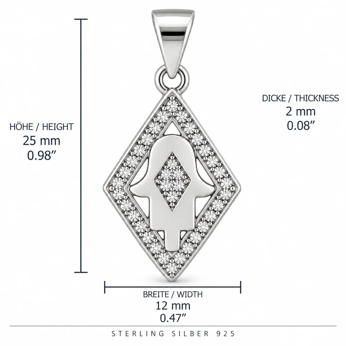 Silber 925 Halskette 45 cm mit Hamsa Hand Anhänger Raute und Steinen