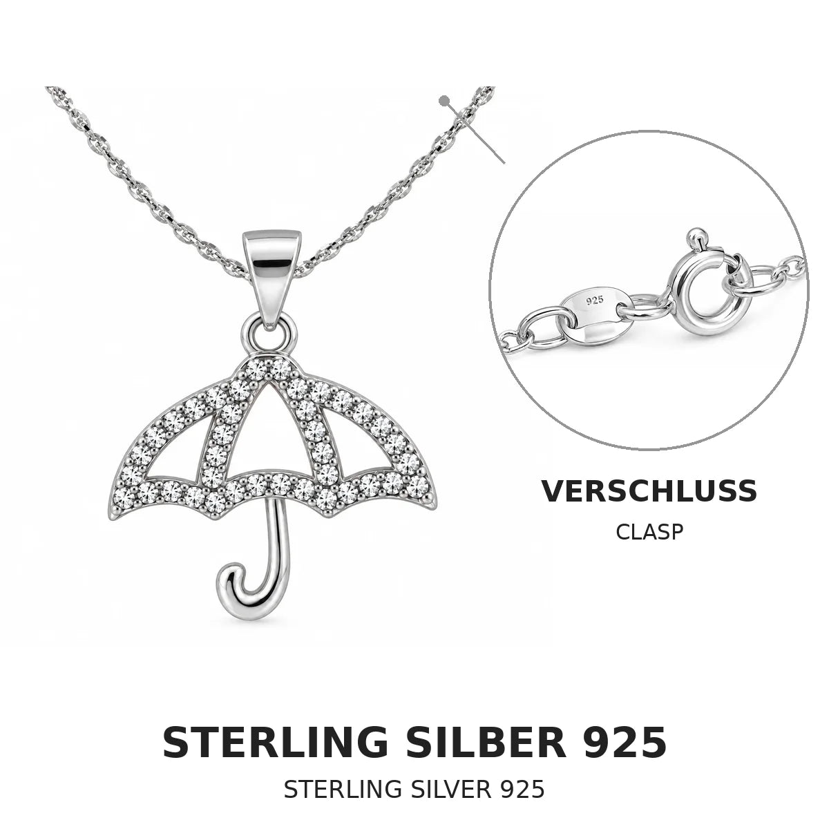 Silber 925 Halskette mit Regenschirm Anhänger und weißen Steinen 45 cm