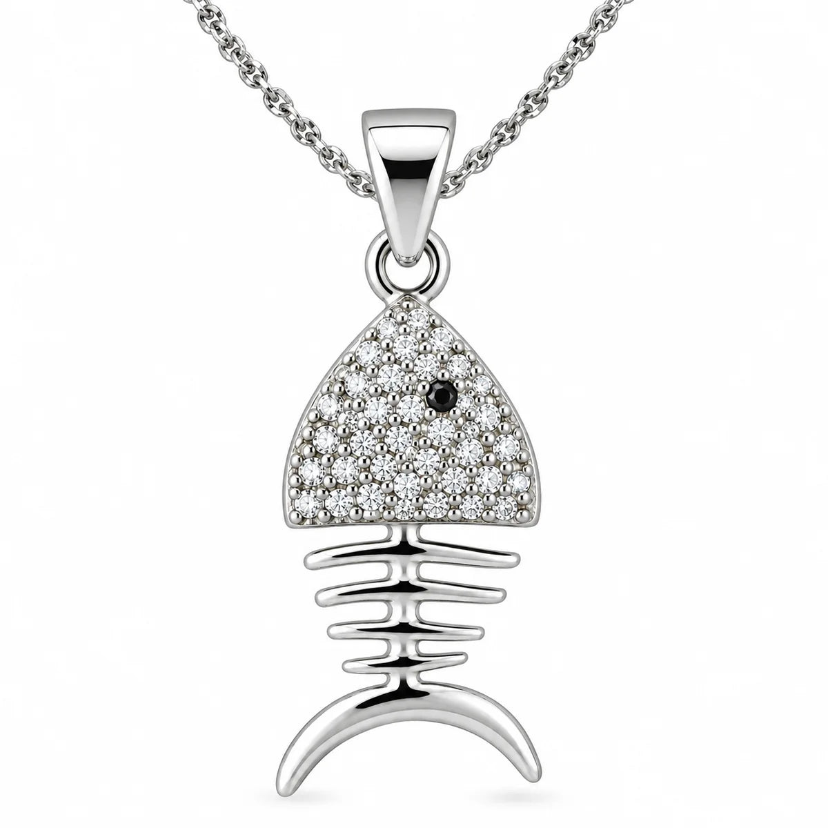Silber 925 Halskette mit Fischgräten Anhänger und Zirkonia 45 cm