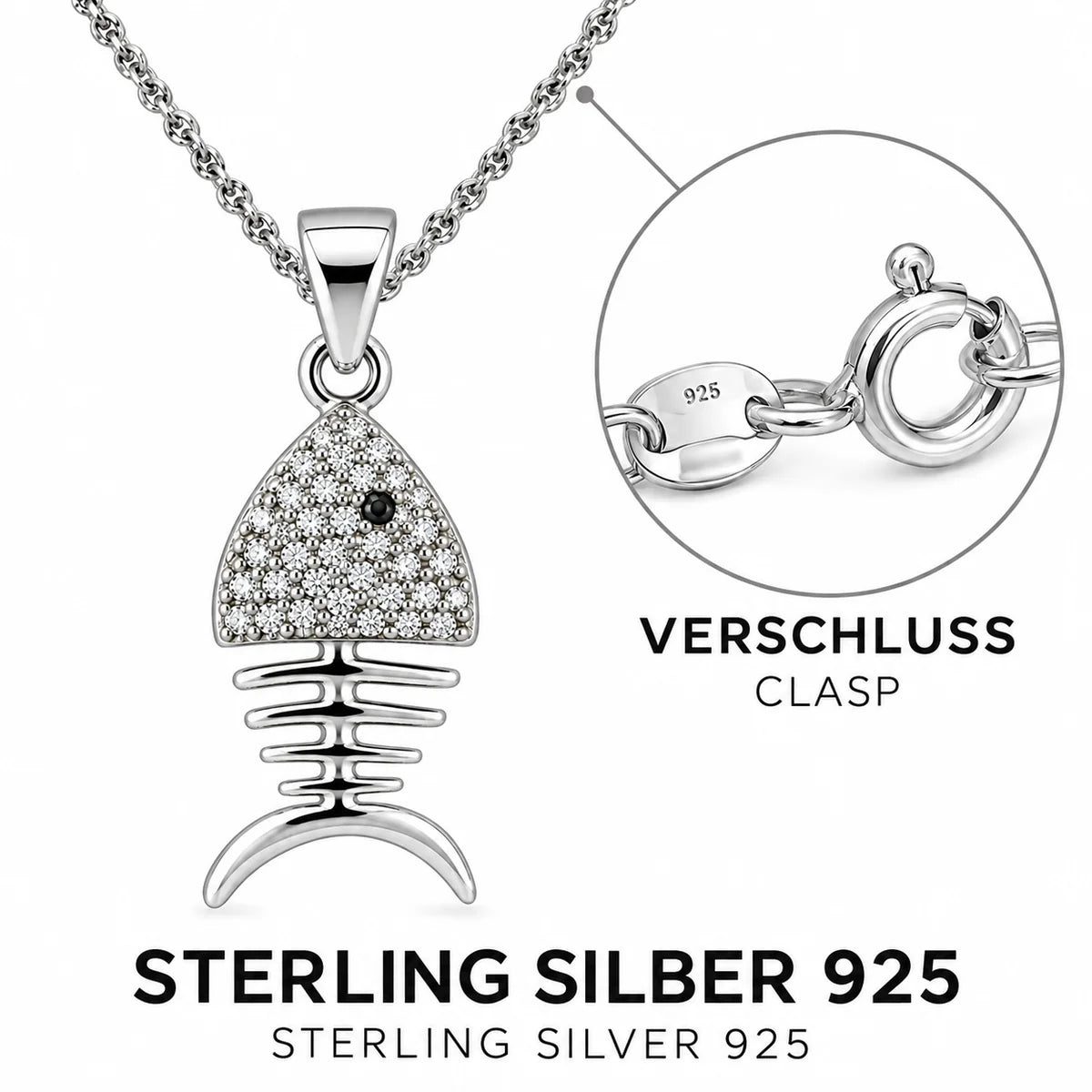 Silber 925 Halskette mit Fischgräten Anhänger und Zirkonia 45 cm