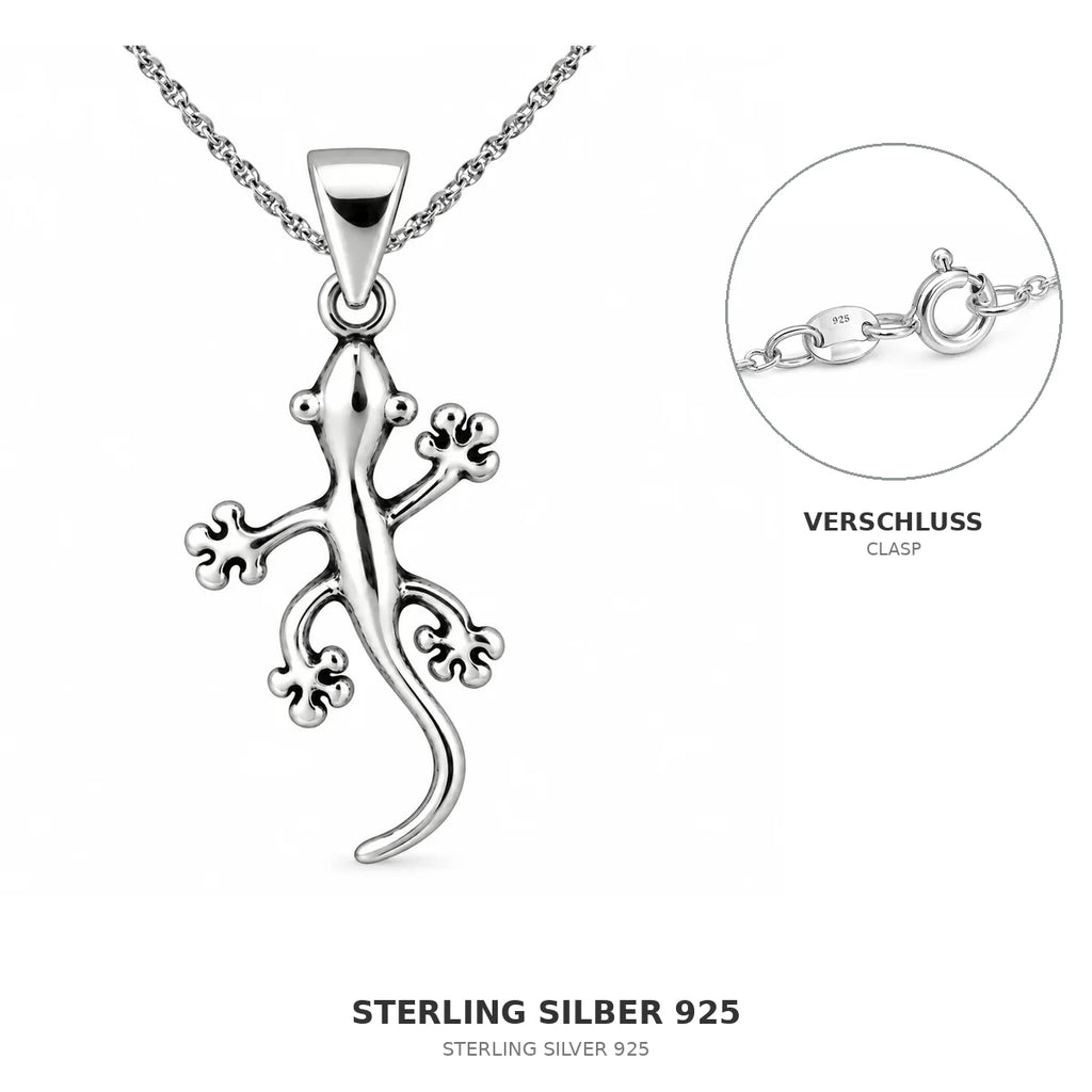 Silber 925 Halskette mit Gecko Anhänger Eidechse Salamander 45 cm