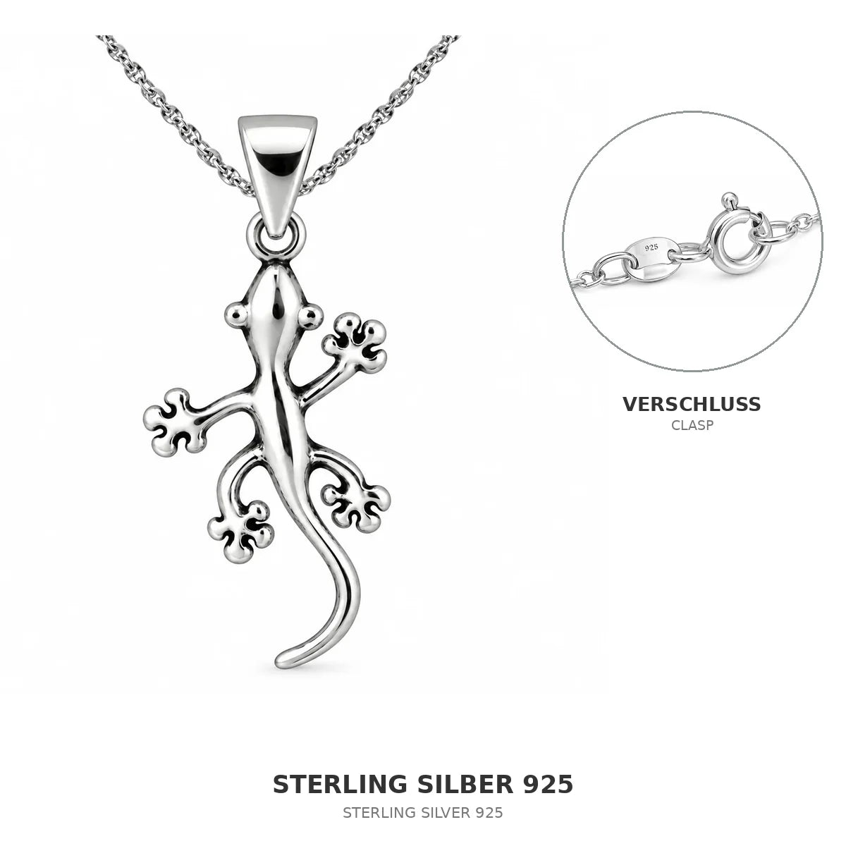 Silber 925 Halskette mit Gecko Anhänger Eidechse Salamander 45 cm