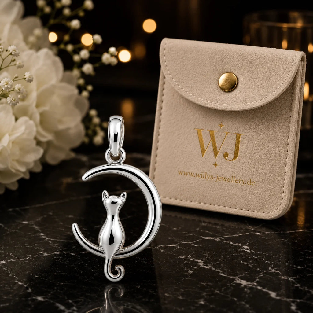 Katze Mond Anhänger aus 925 Sterling Silber für Damen Katzen Schmuck als Geschenk