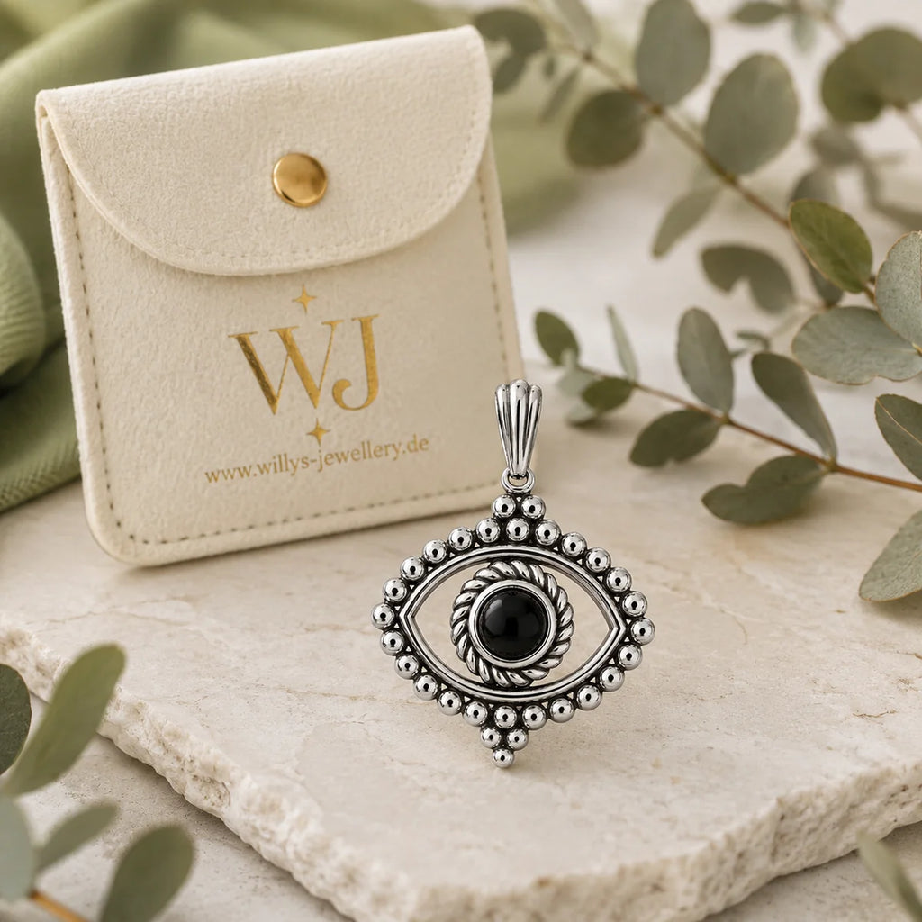 Auge Anhänger 925 Sterling Silber mit schwarzem Stein – Boho Talisman Schmuck für Damen