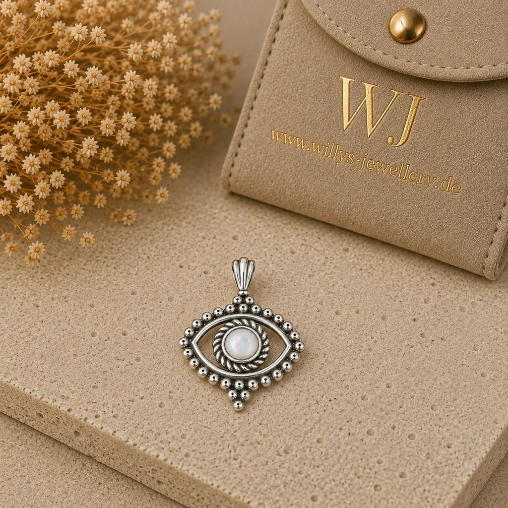 Auge Anhänger aus 925 Sterling Silber mit Perle für Damen Boho Schmuck als Geschenk
