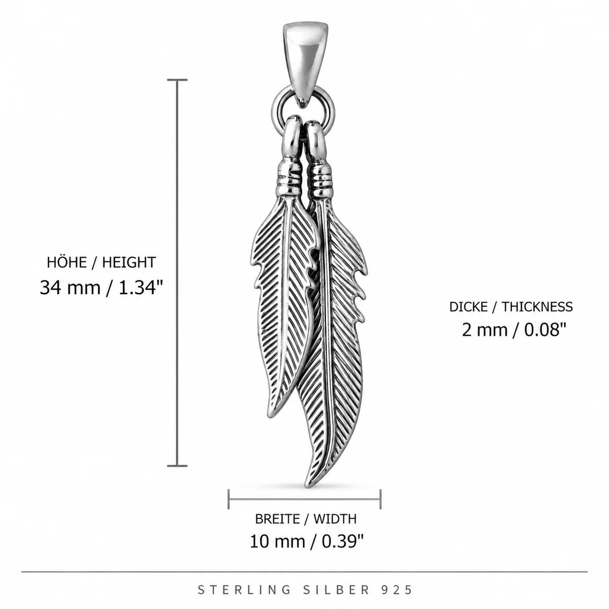 Feder-Anhänger aus 925 Sterling Silber mit drei beweglichen Federn, 34 mm