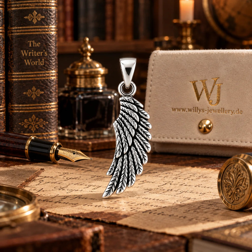 Flügel-Anhänger aus 925 Sterling Silber mit Federstruktur, 25 mm