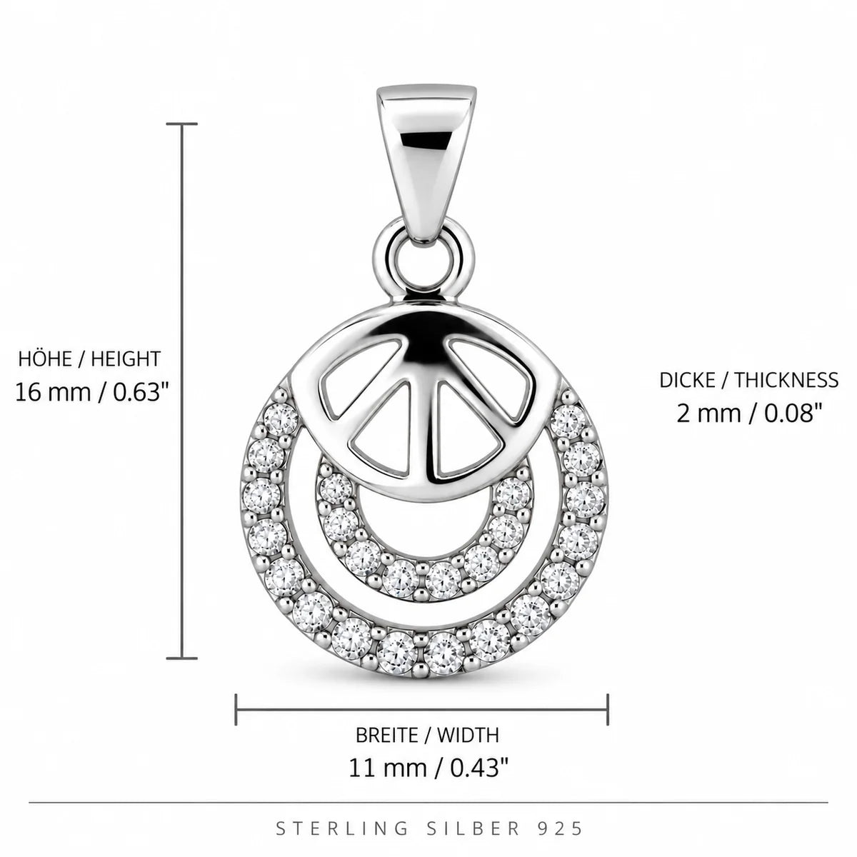 Silber 925 Anhänger mit Peace-Zeichen und Zirkonia – Rund