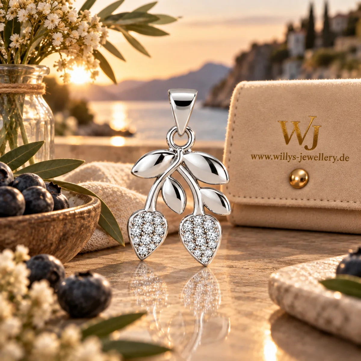 Silber 925 Olivenzweig Anhänger mit Zirkonia – Eleganter Damenschmuck