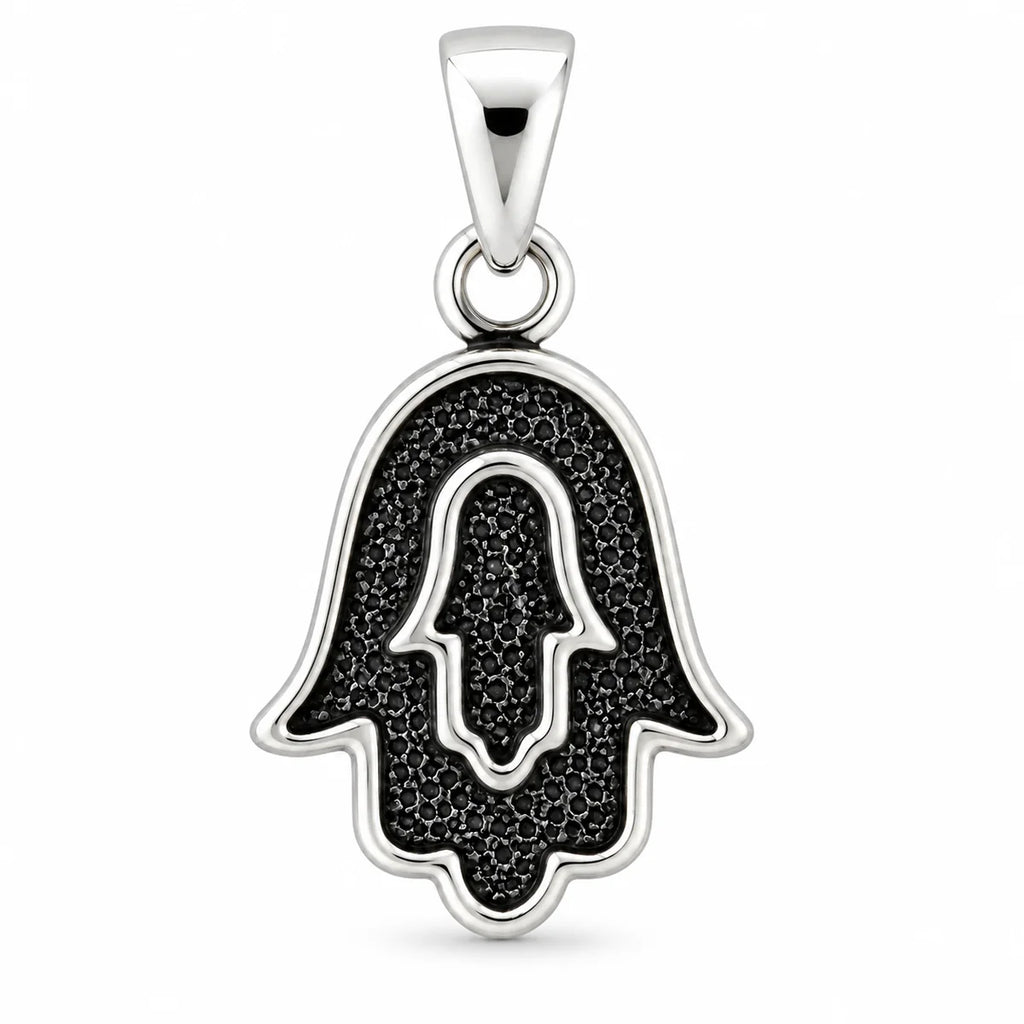 Silber 925 Hamsa Hand Anhänger mit schwarzen Steinen – Fatima Hand
