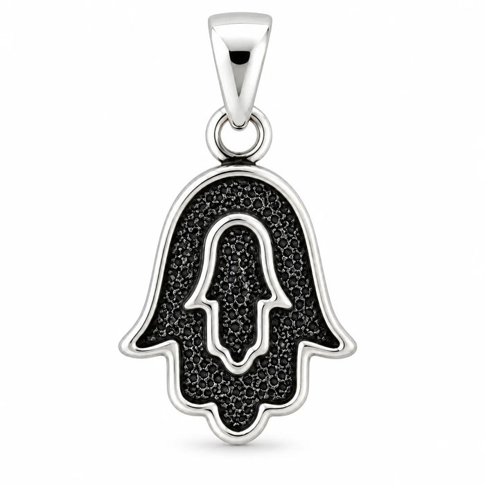Silber 925 Hamsa Hand Anhänger mit schwarzen Steinen – Fatima Hand