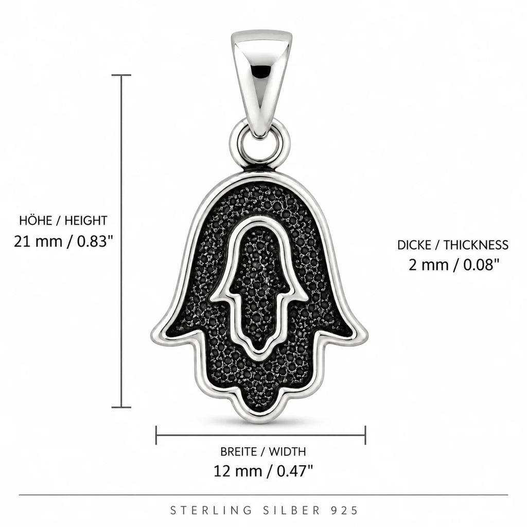 Silber 925 Hamsa Hand Anhänger mit schwarzen Steinen – Fatima Hand