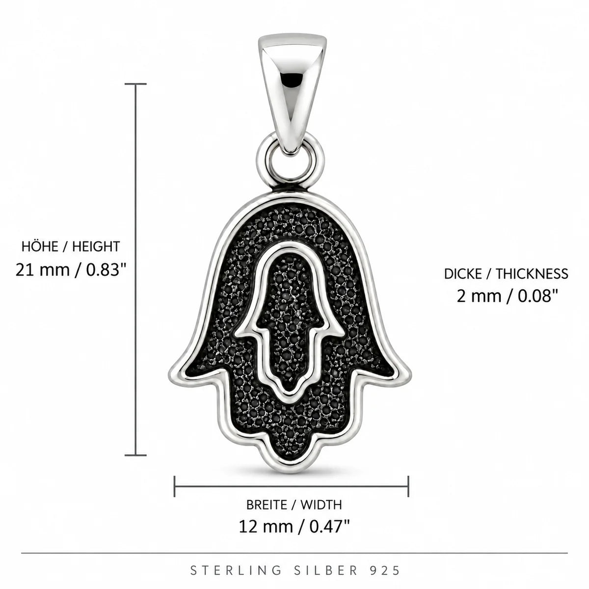 Silber 925 Hamsa Hand Anhänger mit schwarzen Steinen – Fatima Hand