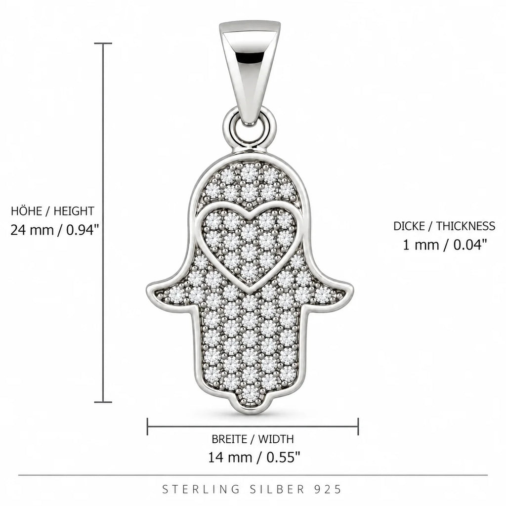 Silber 925 Hamsa Hand Anhänger mit Herz und Zirkonia