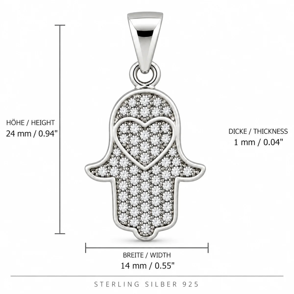 Silber 925 Hamsa Hand Anhänger mit Herz und Zirkonia