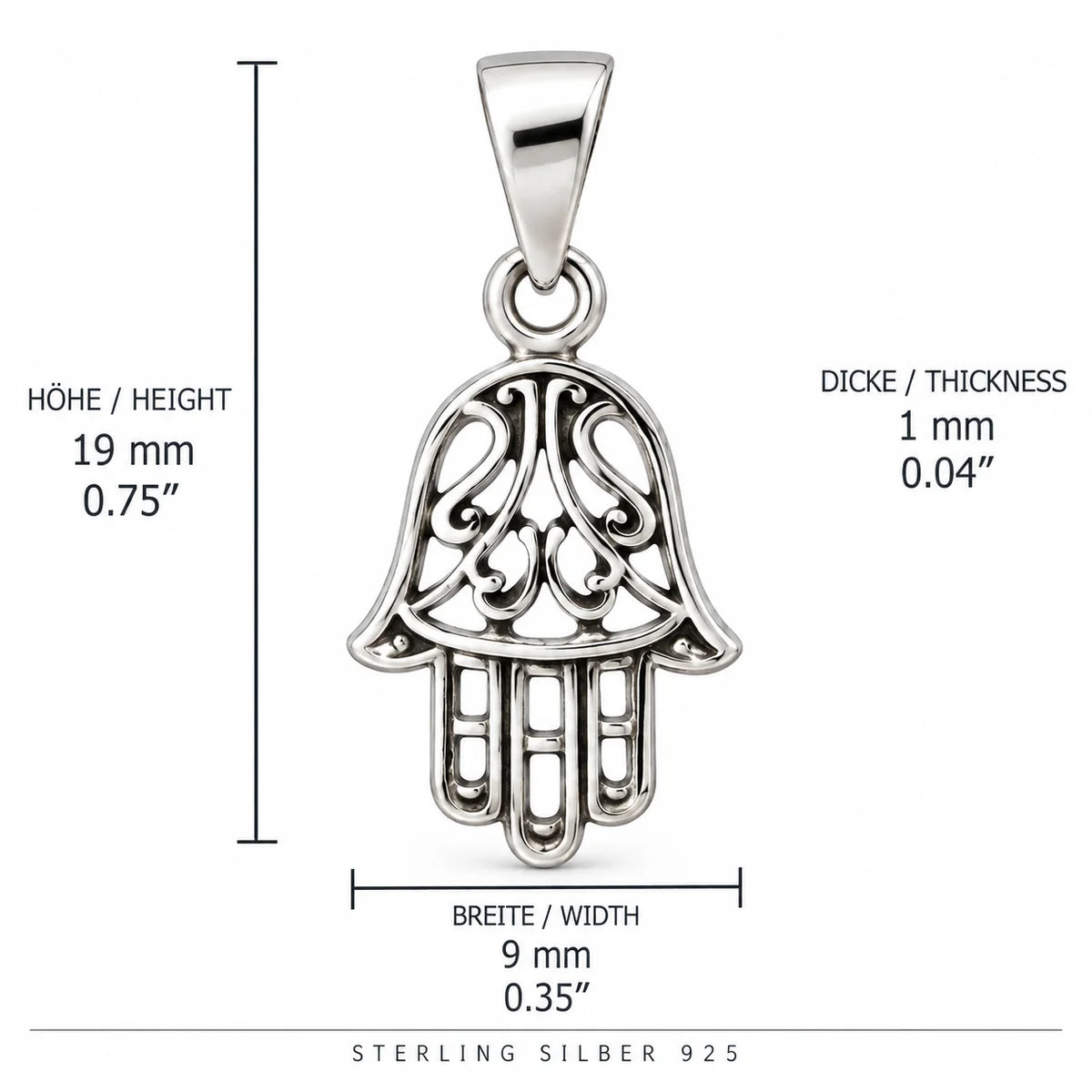 Silber 925 Hamsa Hand Anhänger mit filigranem Ornamentmuster