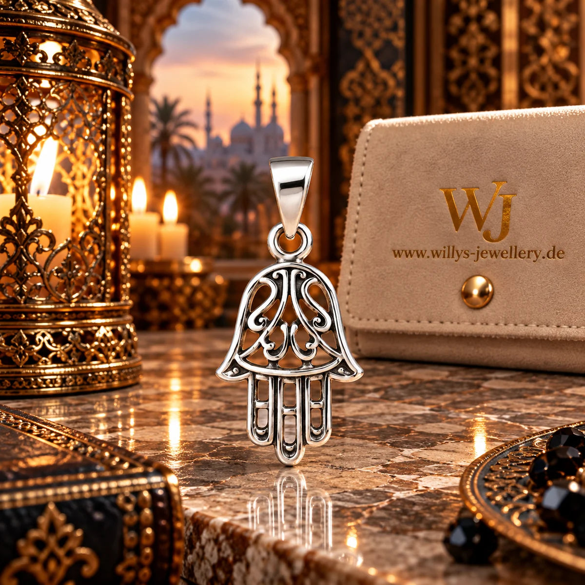 Silber 925 Hamsa Hand Anhänger mit filigranem Ornamentmuster