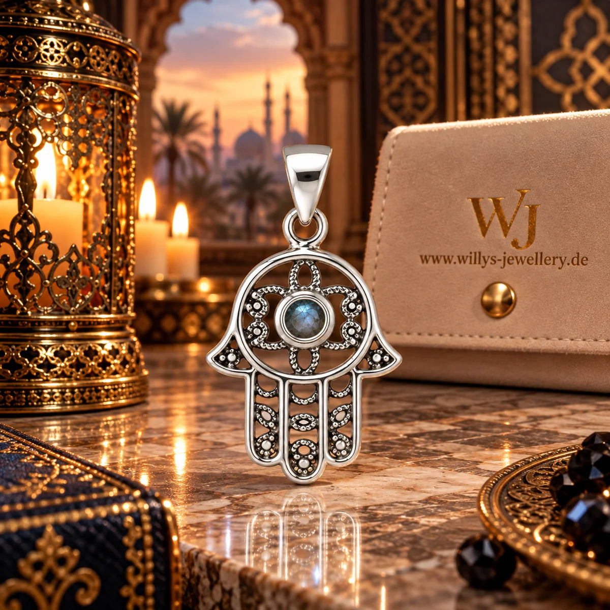 Silber 925 Hamsa Hand Anhänger mit Perlmuttstein – Orientalisches Design