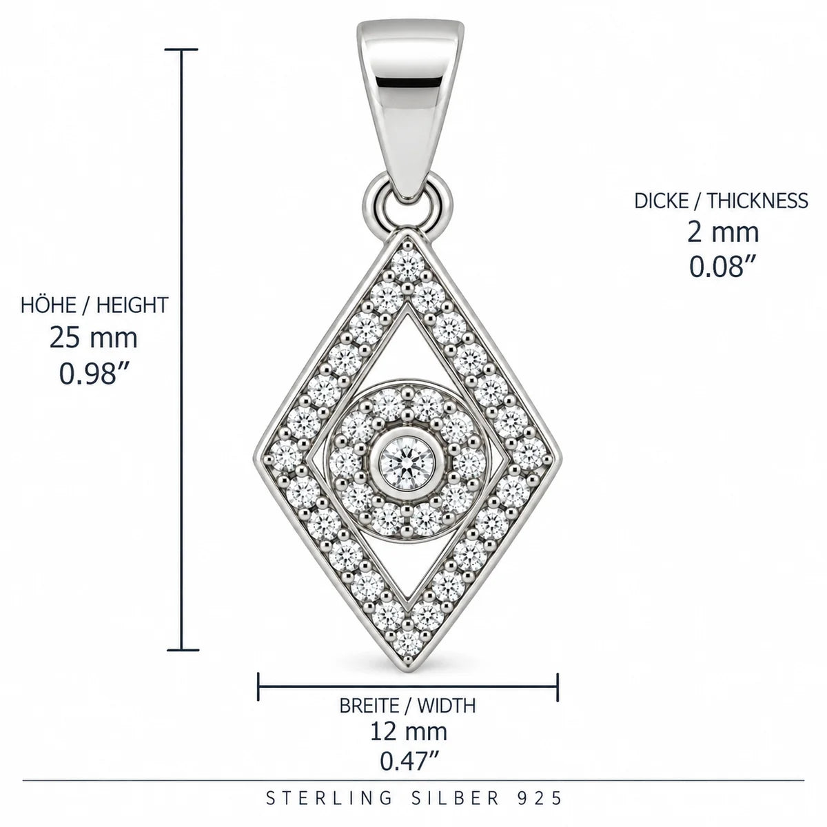 Silber 925 Rauten Anhänger mit funkelndem Steinbesatz – Geometrisches Design