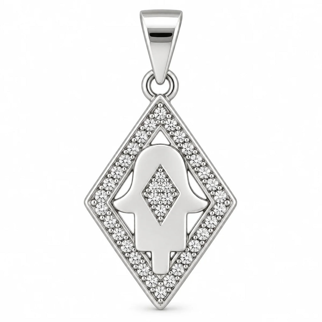 Silber 925 Hamsa Hand Anhänger in Rautenform mit funkelndem Steinbesatz