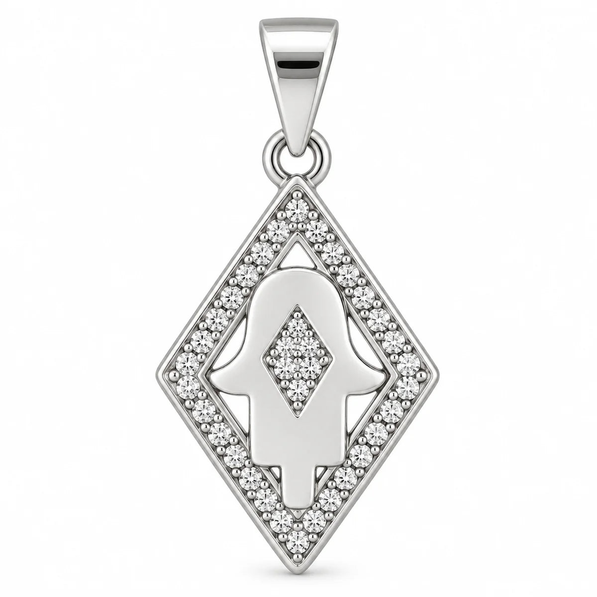 Silber 925 Hamsa Hand Anhänger in Rautenform mit funkelndem Steinbesatz