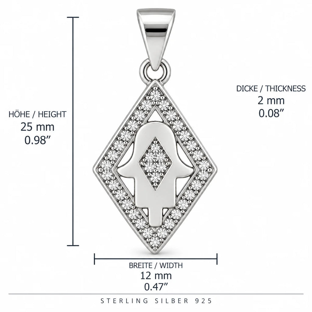 Silber 925 Hamsa Hand Anhänger in Rautenform mit funkelndem Steinbesatz