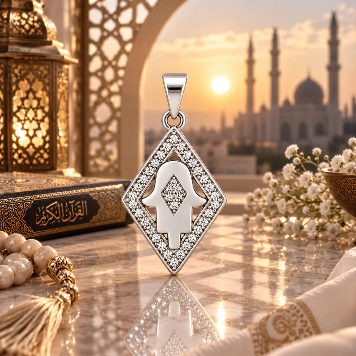 Silber 925 Hamsa Hand Anhänger in Rautenform mit funkelndem Steinbesatz
