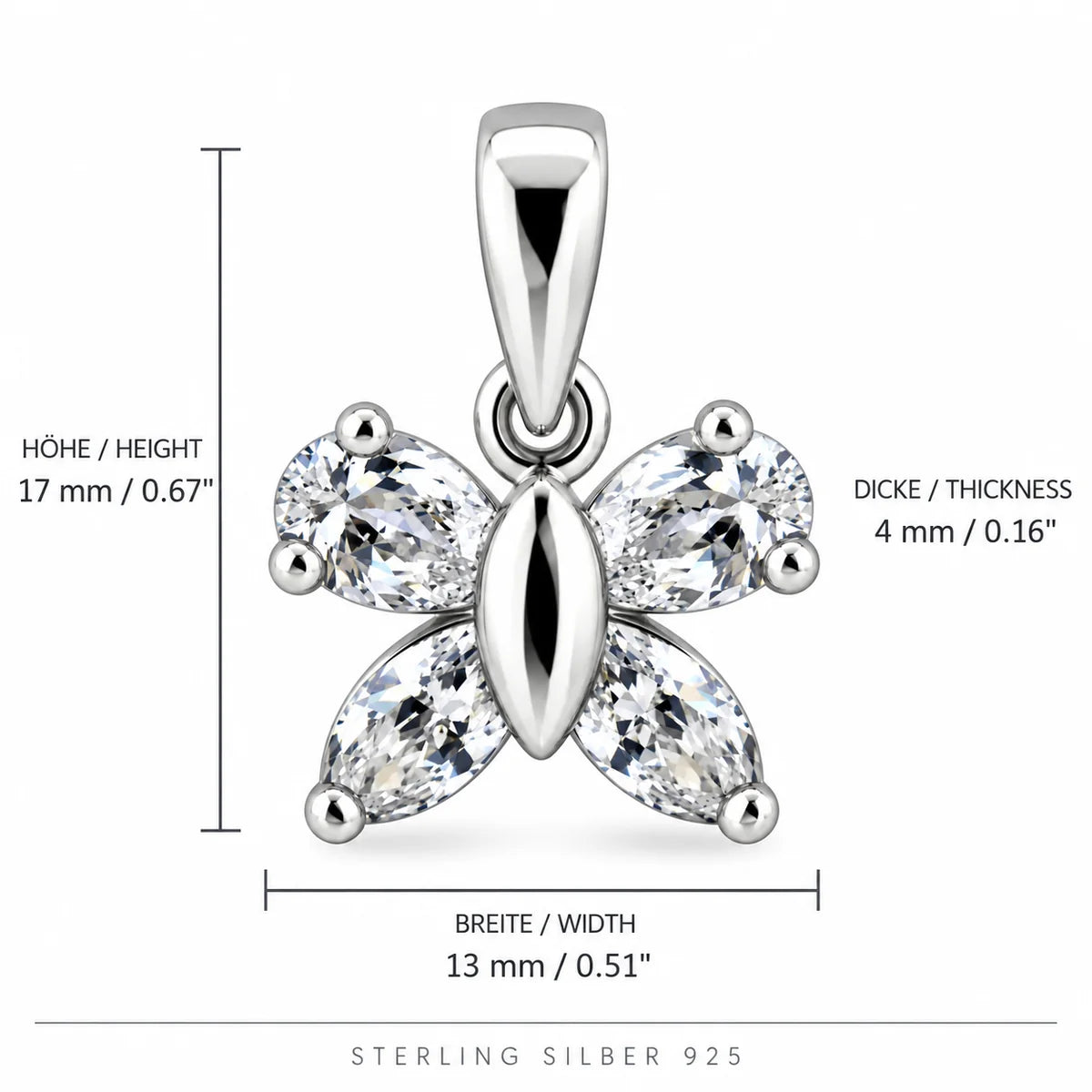 Silber 925 Schmetterling Anhänger mit vier funkelnden Schmucksteinen