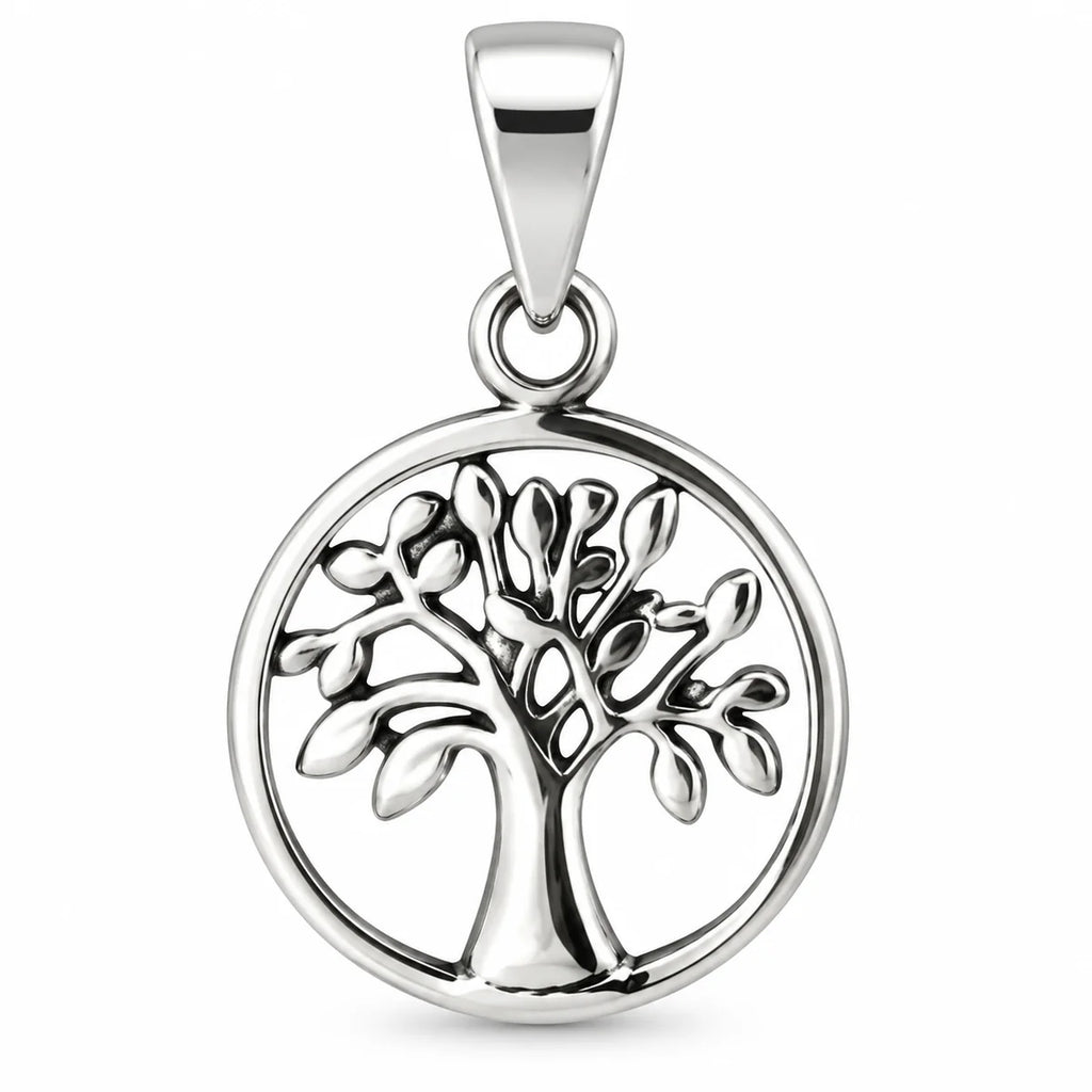 Silber 925 Lebensbaum Anhänger rund – Baum des Lebens mit Blättern