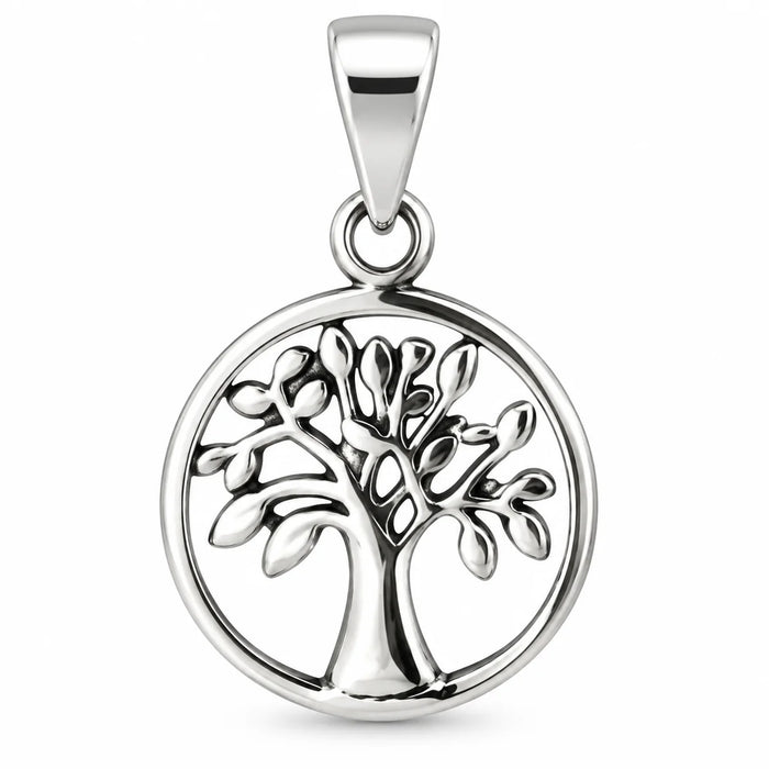 Silber 925 Lebensbaum Anhänger rund – Baum des Lebens mit Blättern