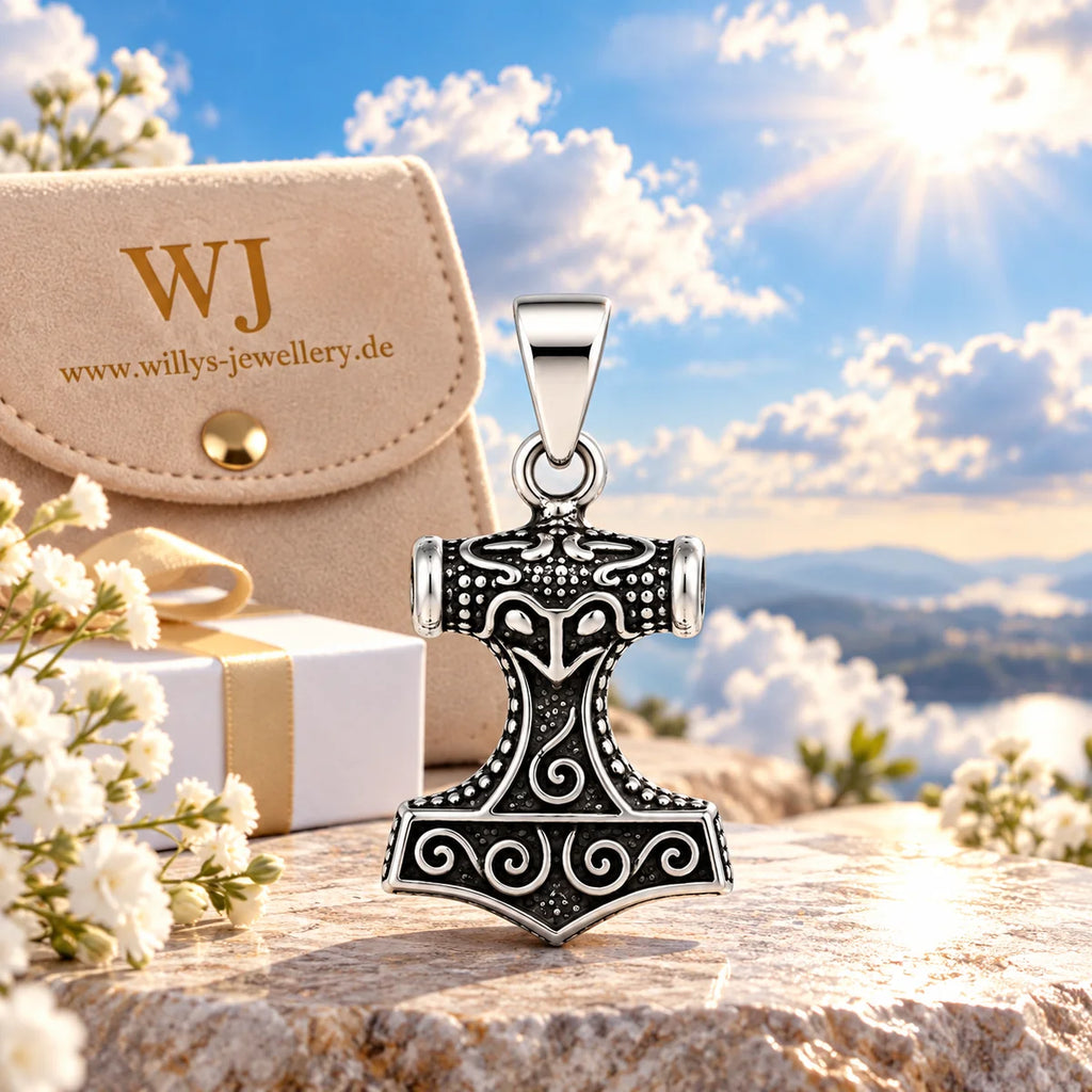 Silber 925 Thorshammer Anhänger Mjölnir – Wikinger Schmuck mit nordischen Ornamenten