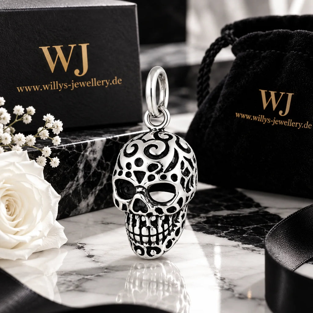 Silber 925 Totenkopf Anhänger mit Ornamenten – Skull Schmuck