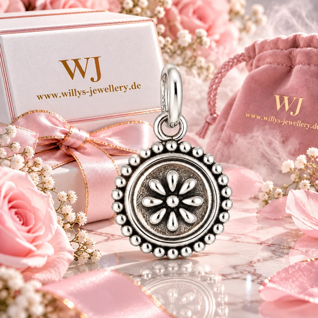 Silber 925 Blumenanhänger rund – Vintage Blütenmotiv mit Kugelrand