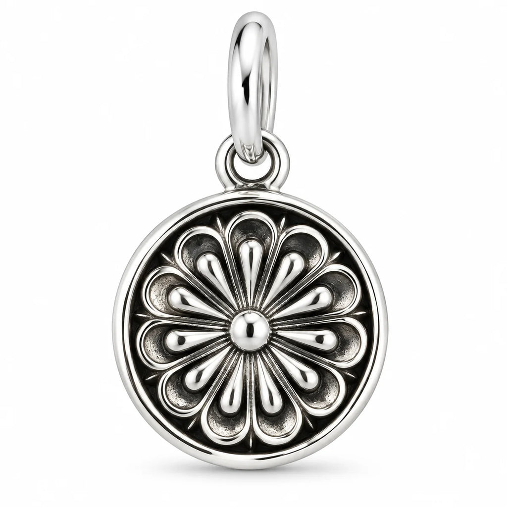 Silber 925 Blumenanhänger rund – Florales Relief im Vintage-Stil
