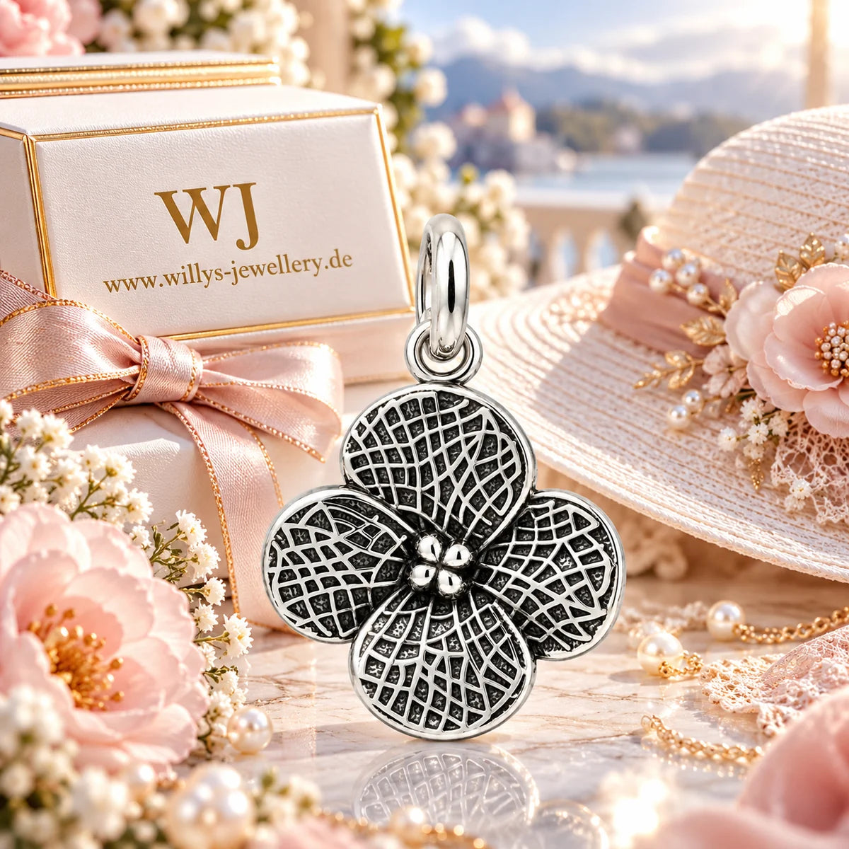 Silber 925 Blumen Anhänger mit vier Blütenblättern – Vintage Design