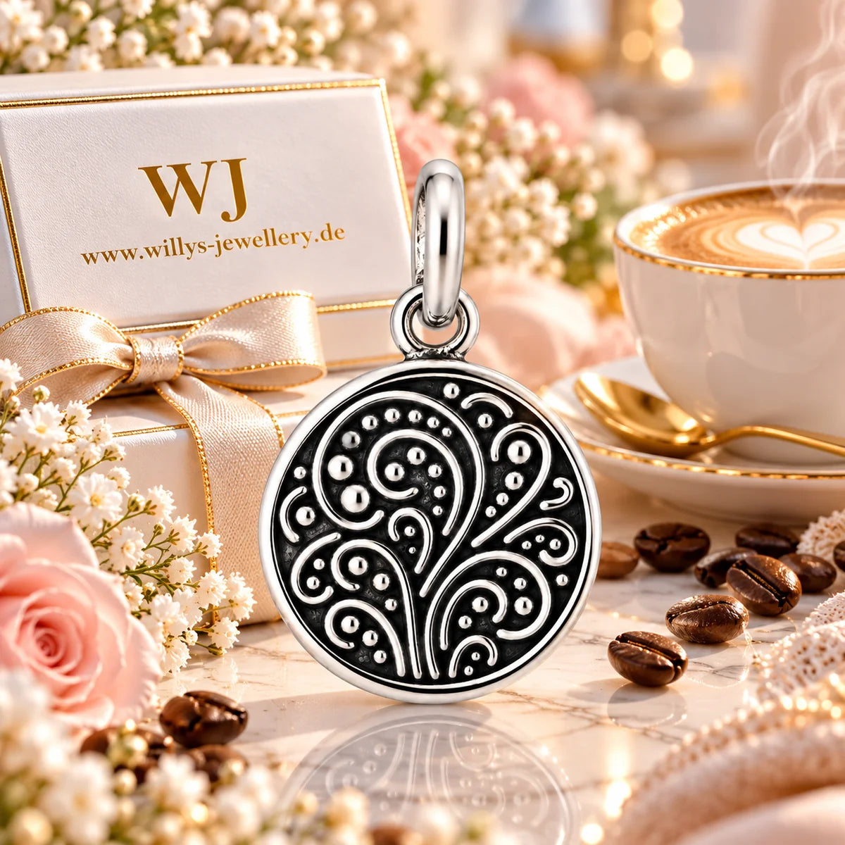 Silber 925 Runder Anhänger mit Ornamenten – Vintage Design