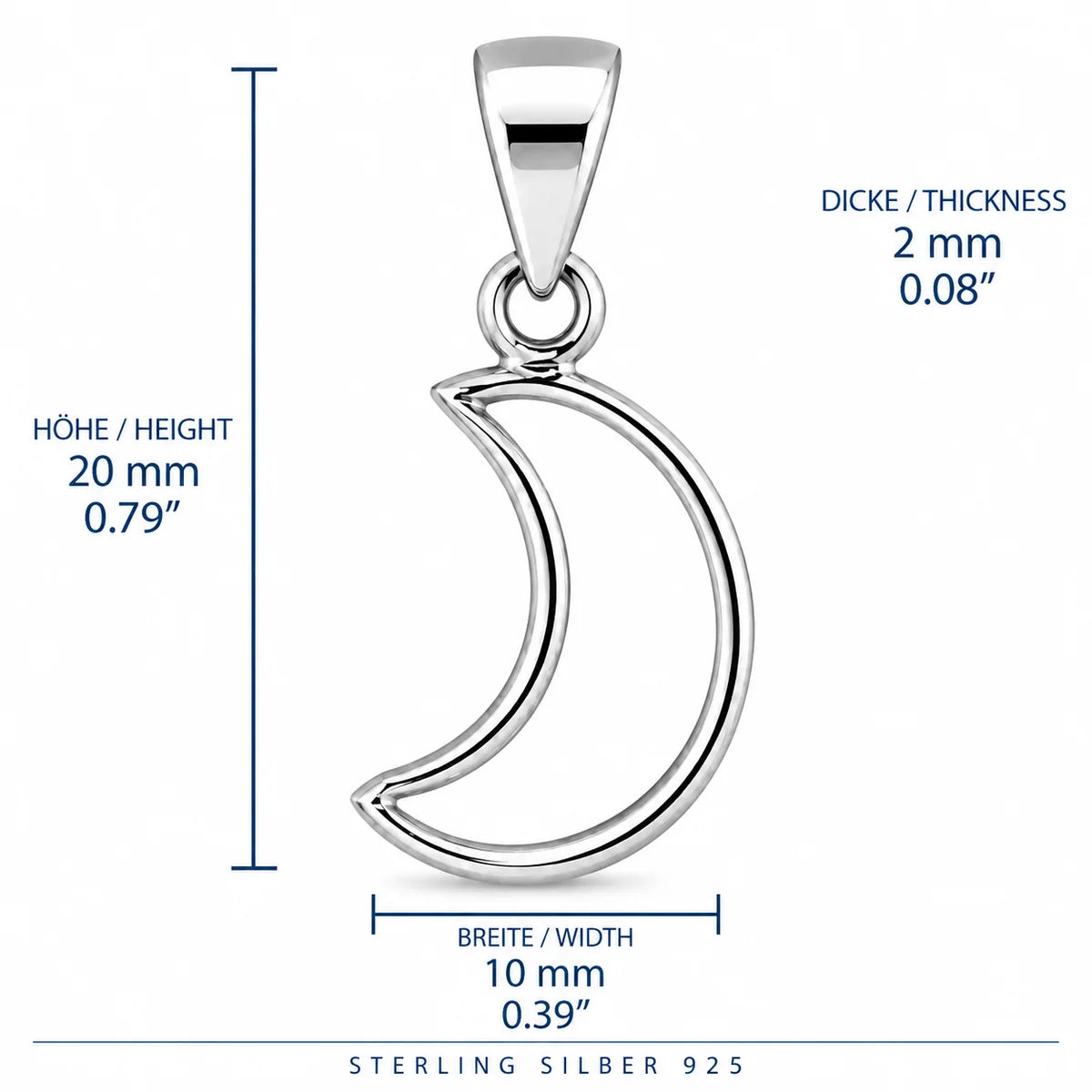 Silber 925 Mond Anhänger – Offene Mondsichel 20 mm