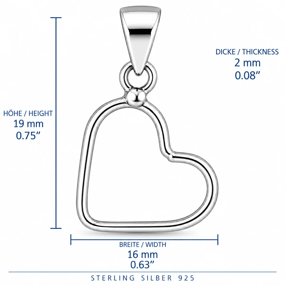 Silber 925 Herz Anhänger – Offenes Herzdesign 19 mm